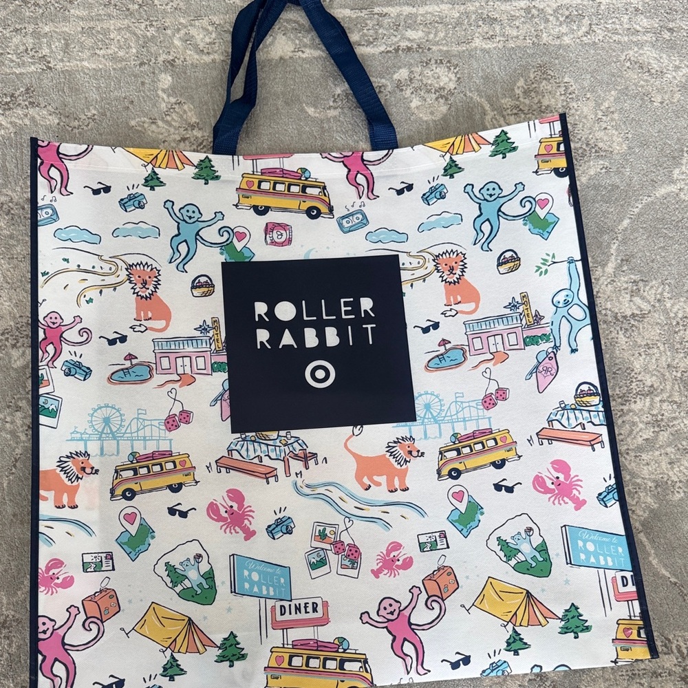 Roller Rabbit Kids White Tote with Multicolor Character Print and Navy Handles
